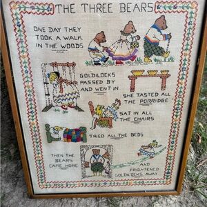 Vintage 'The Three Bears' Embroidered Wall Art